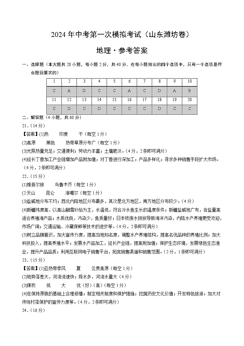 地理(山东潍坊卷)(参考答案及评分标准)第1页