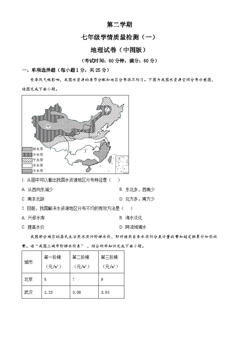 河北省廊坊市广阳区廊坊市第二十一中学2023-2024学年七年级下学期3月月考地理试题(原卷版)第1页