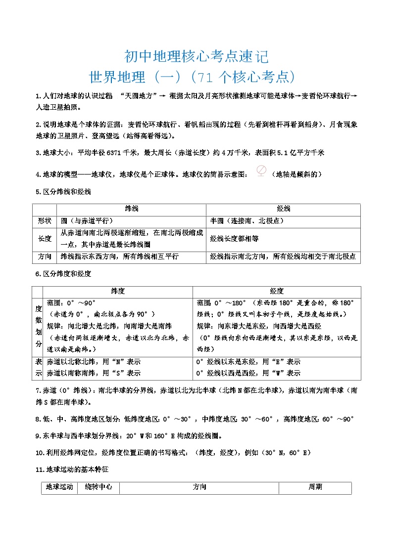 世界地理一核心考点速记（71个核心考点）2024年会考地理一轮复习知识清单