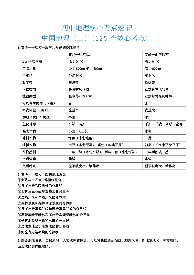 中国地理二核心考点速记（125个核心考点）2024年会考地理一轮复习知识清单