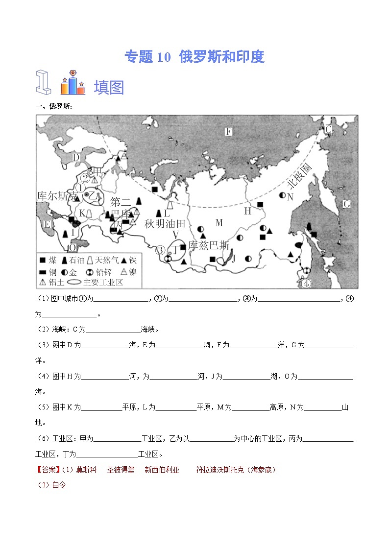 中考地理一轮复习速记手册与变式演练专题10 俄罗斯和印度(含解析)01