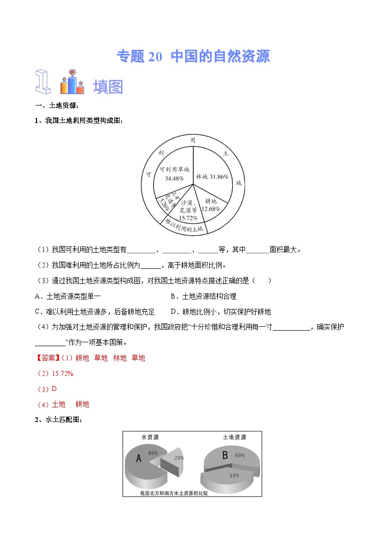 中考地理一轮复习速记手册与变式演练专题20 中国的自然资源（含解析）