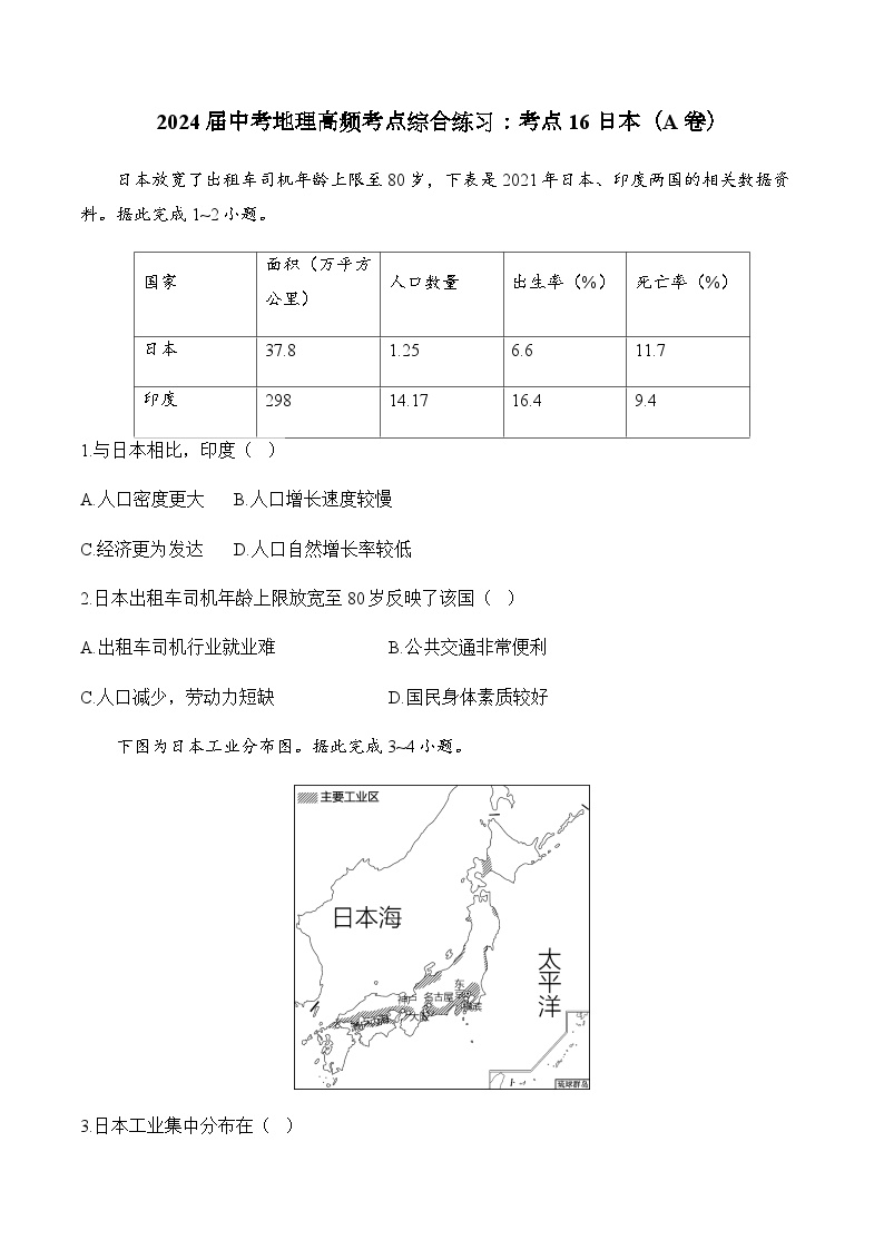 2024届中考地理高频考点综合练习：考点16 日本（A卷）