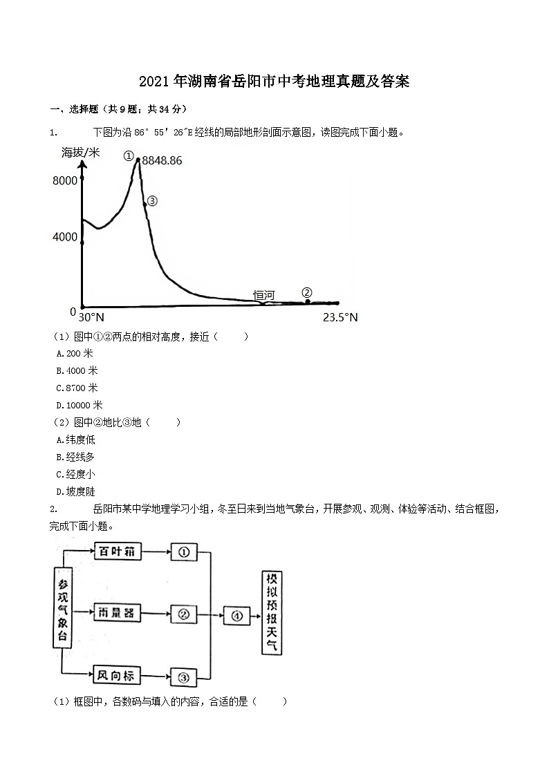 2021年湖南省岳阳市中考地理真题及答案01