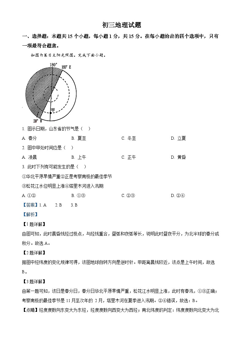 2024年山东省淄博市博山区(五四学制)中考一模地理试卷(原卷版+解析版)01