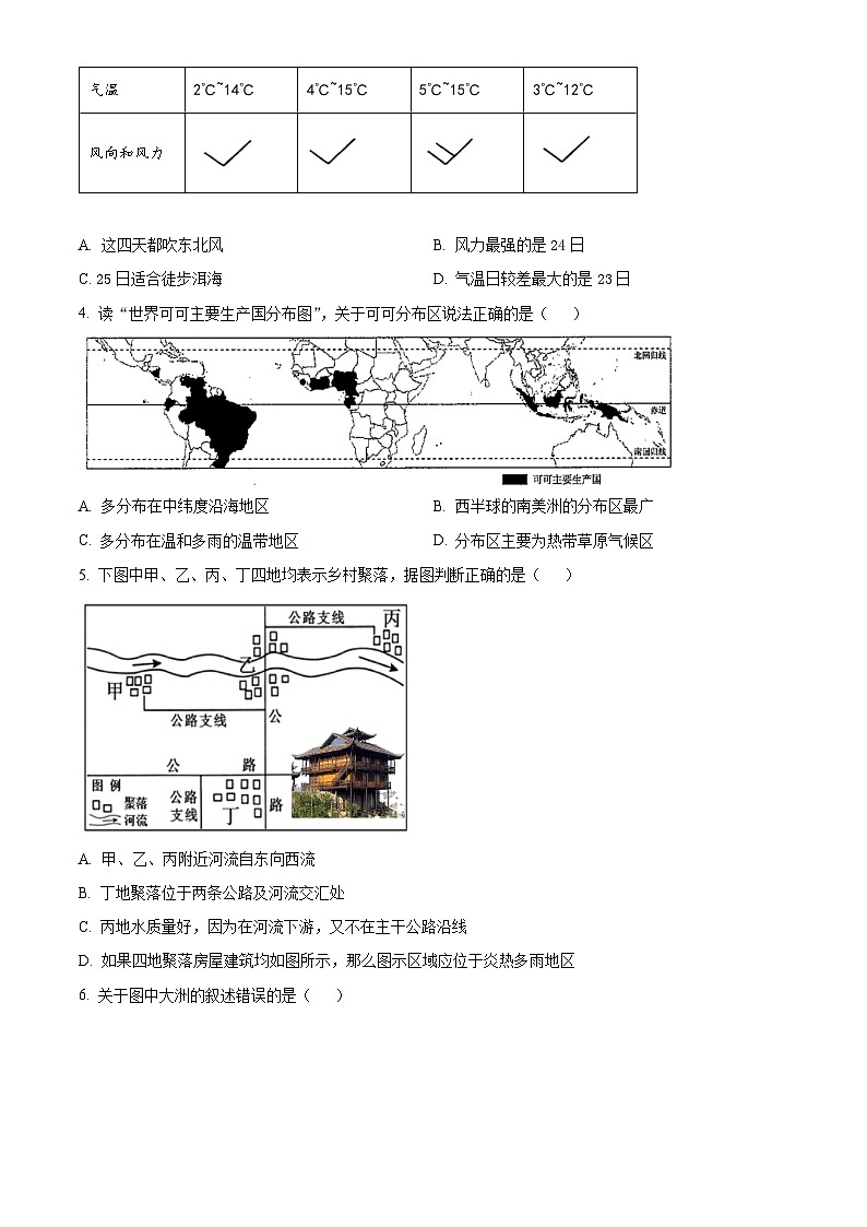 2024年云南省昆明市第一次初中学业水平模拟测试地理试题(原卷版+解析版)02