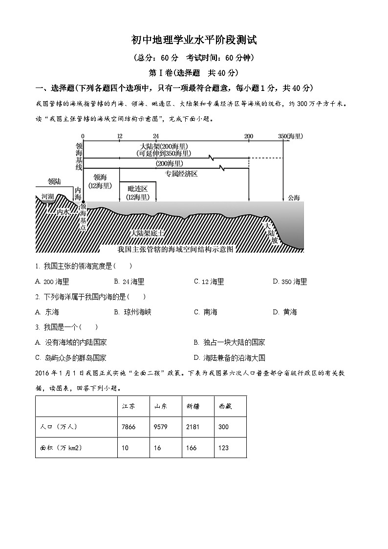 河北省承德市平泉市回民中学2023-2024学年八年级下学期期中考试地理试题(原卷版)第1页