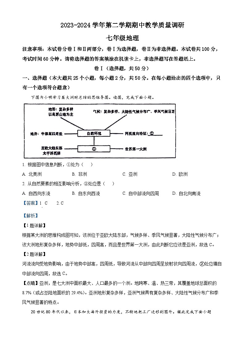 山东省宁津县第三实验中学、第六实验中学2023-2024学年七年级下学期期中地理试题01