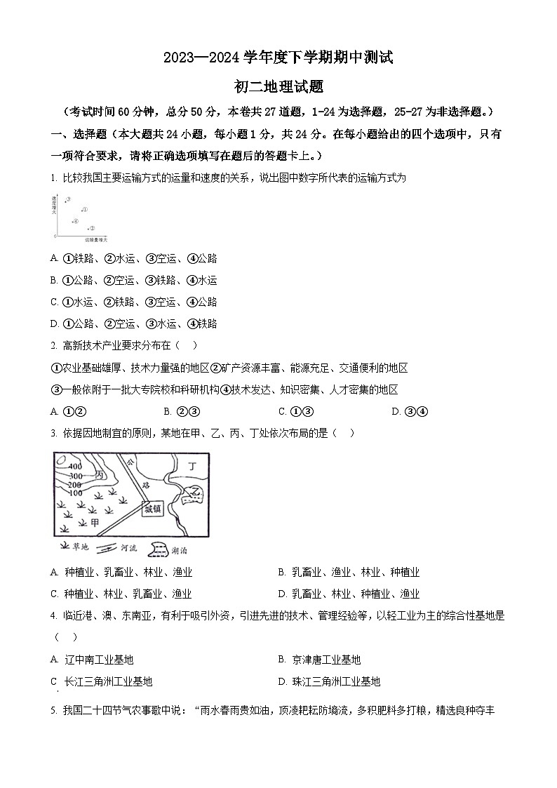 黑龙江省大庆市肇源县五校联考2023-2024学年七年级下学期期中地理试题(学生版)第1页