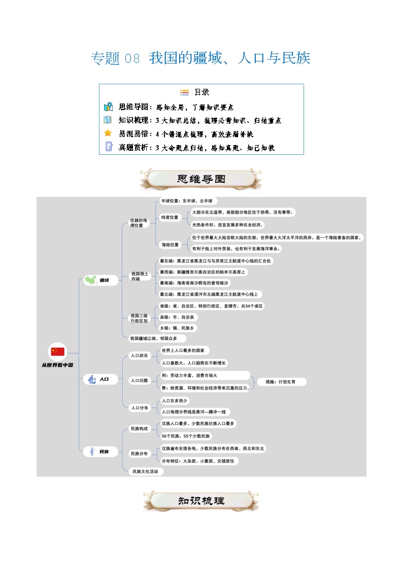 专题08 我国的疆域、人口与民族2024年会考地理一轮复习知识清单