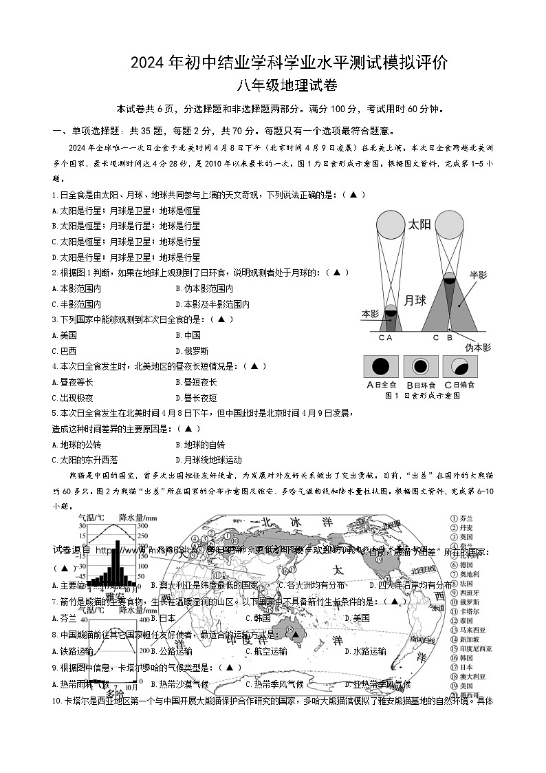 2024年江苏省镇江市市属学校中考二模地理试卷01
