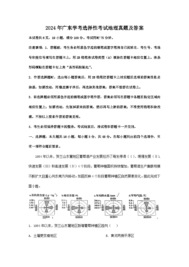 2024年广东学考选择性考试地理真题及答案