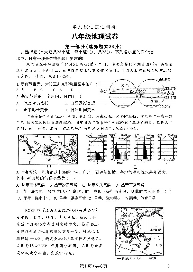 2024年陕西省西安市西安工业大学附属中学中考九模地理试卷+01