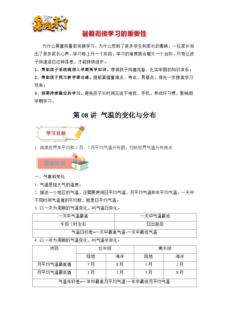 第08讲 气温的变化与分布-【暑假衔接】新六升七地理暑假精品课讲义（人教版）