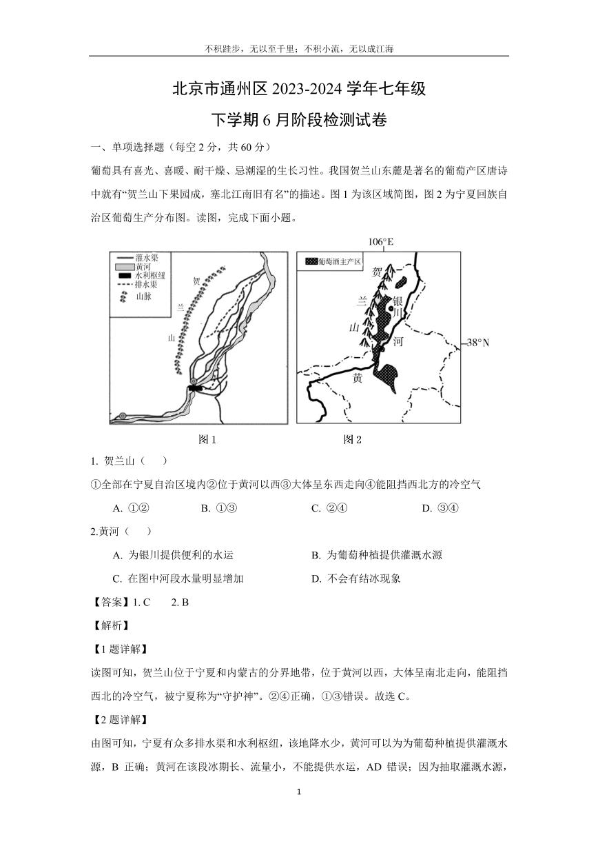 [地理]北京市通州区2023-2024学年七年级下学期6月阶段检测试卷(解析版)