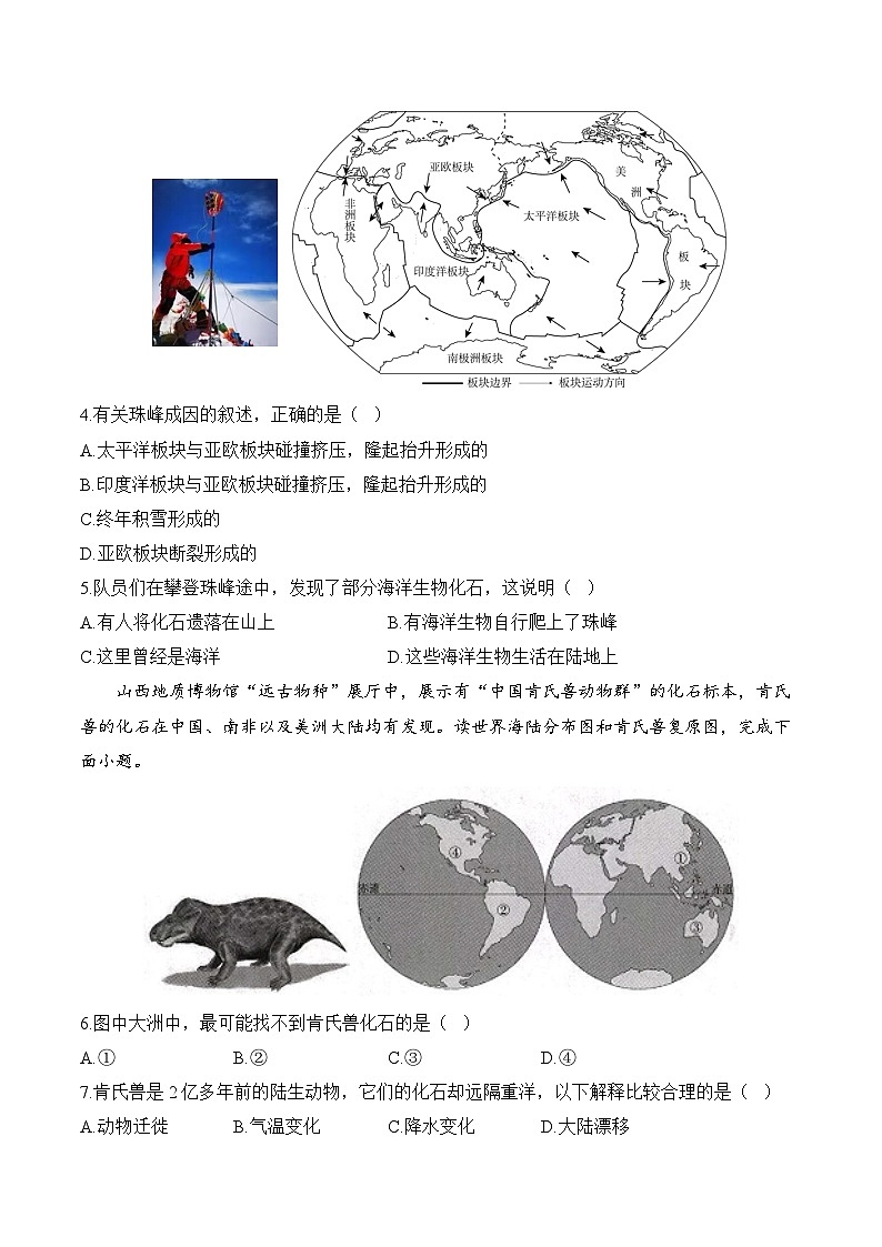 3.3海陆的变迁(含解析)2024-2025学年地理人教版(2024)七年级上册课时优化训练02