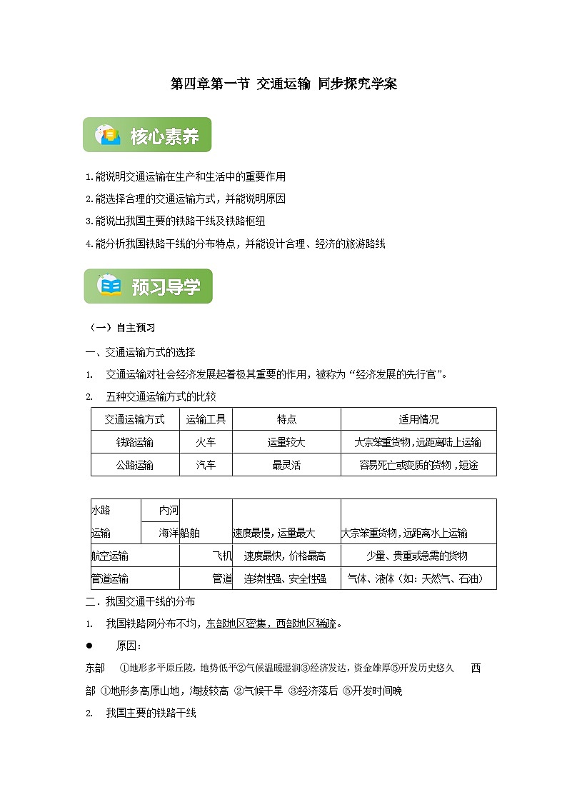 【精彩课堂】人教版八年级地理上册 第四章第一节 交通运输 同步探究学案(含解析)01