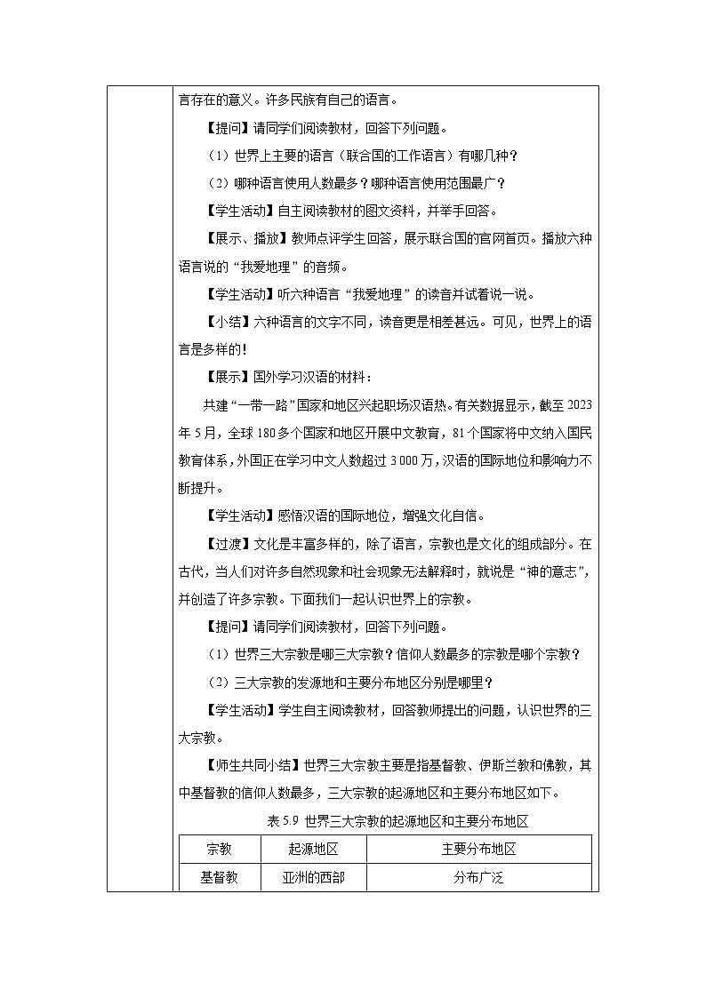 人教2024版 初中地理 7上 《多样的文化》名师优质教学设计03