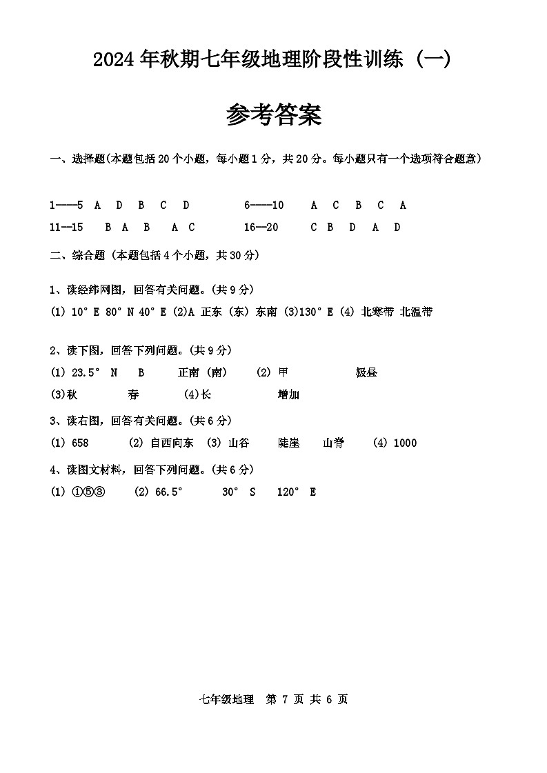 河南省南阳市镇平县2024-2025学年七年级上学期10月月考地理试题参考答案第1页
