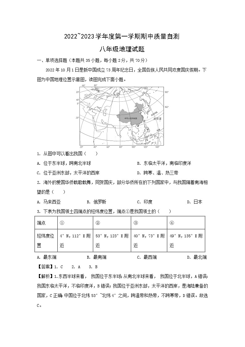 2022-2023学年江苏省徐州市铜山区八年级上学期期中地理试卷(解析版)第1页