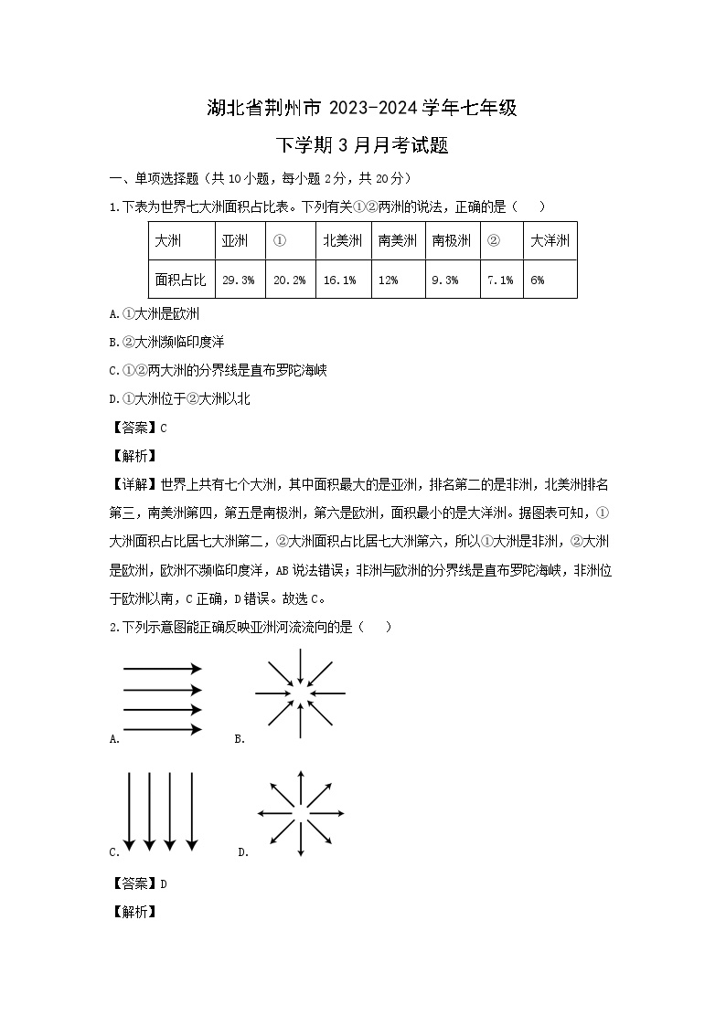 湖北省荆州市2023-2024学年七年级下学期3月月考地理试卷(解析版)