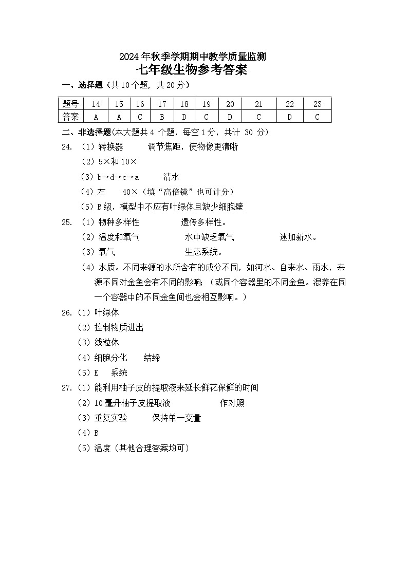 湖北省恩施州巴东县2024-2025学年七年级上学期期中教学质量监测地理·生物试题01