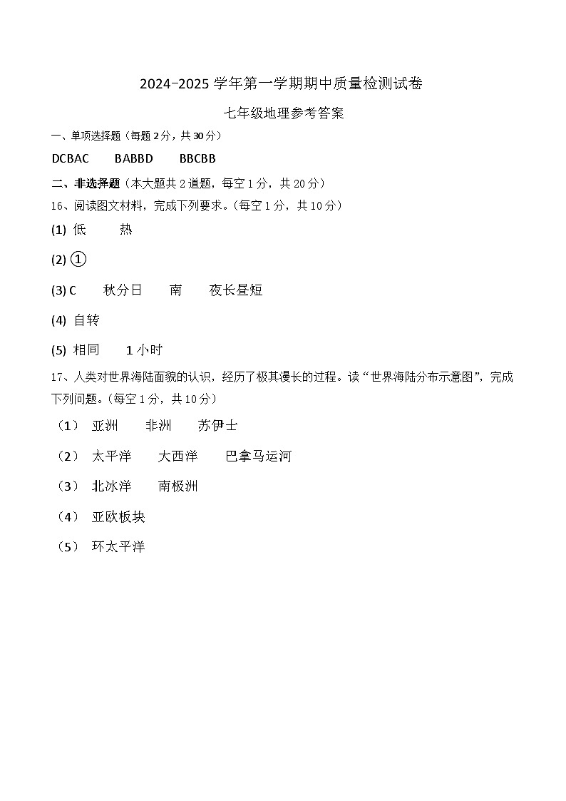 七年級(jí)地理答案第1頁(yè)