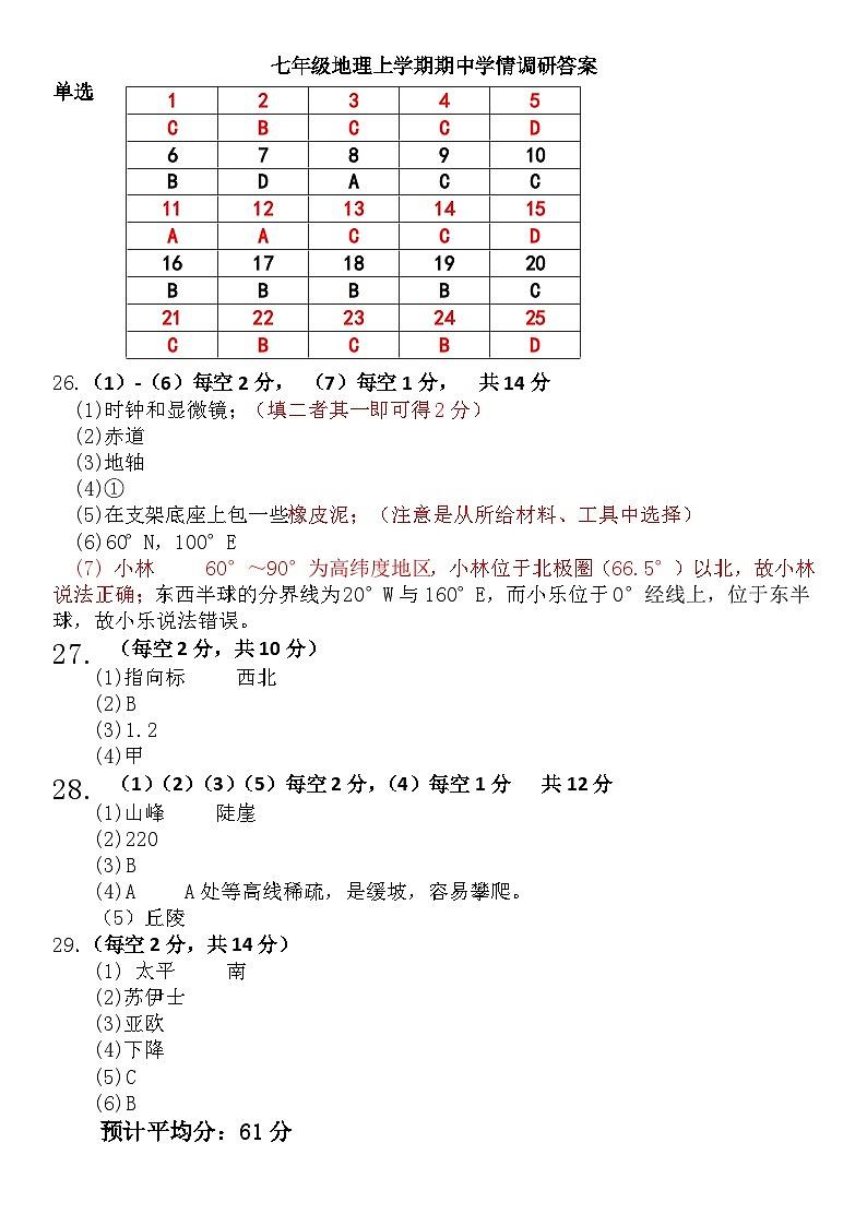 七年级地理期中学情调研答案第1页