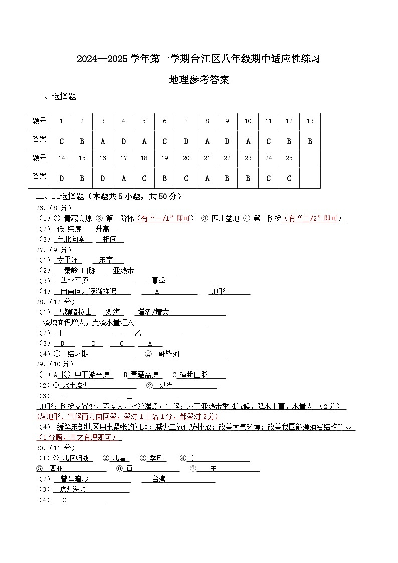 2024-2025学年第一学期台江区八年级期中适应性练习(地理)-参考答案第1页