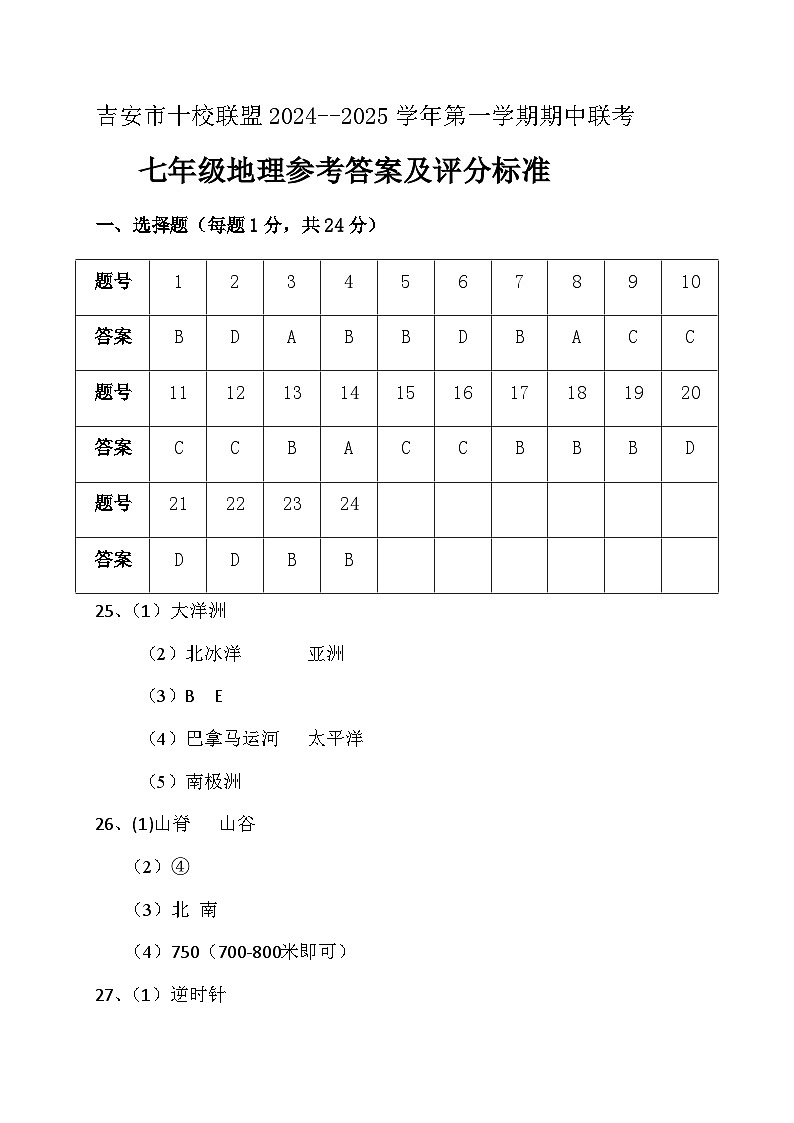 吉安市十校联盟七年级地理参考答案第1页