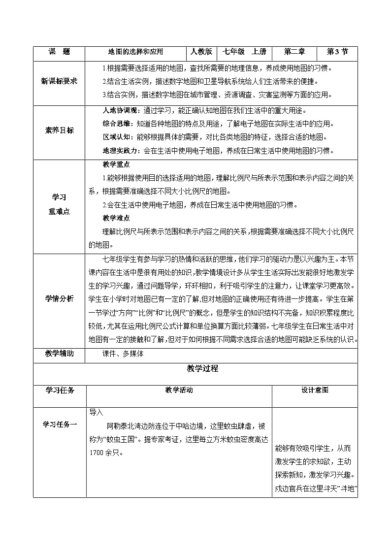 人教版(2024版)七年级地理上册2.3《地图的选择和应用》教学设计第1页