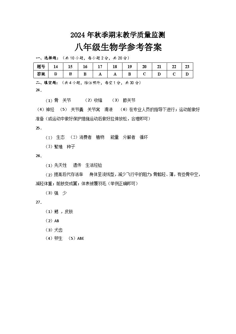 八年级生物学参考答案第1页