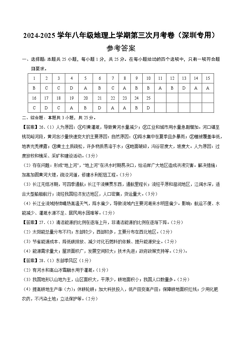 八年级地理上学期第三次月考卷(深圳专用)(参考答案)第1页