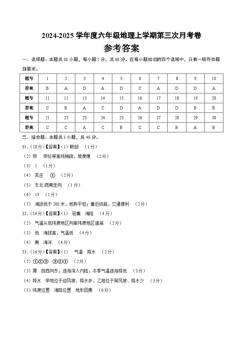 六年级地理第三次月考卷(参考答案)第1页