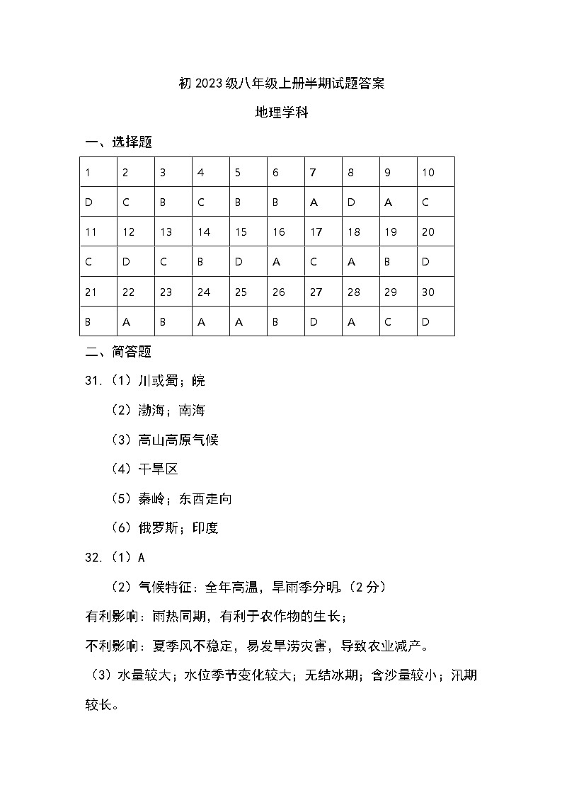 初2023级八上半期试题答案(地理学科)第1页