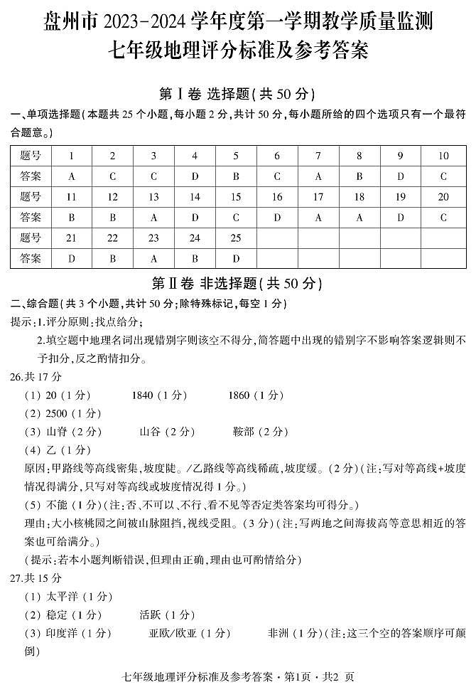 盘州市2023-2024学年度第一学期教学质量监测-七年级地理答案第1页