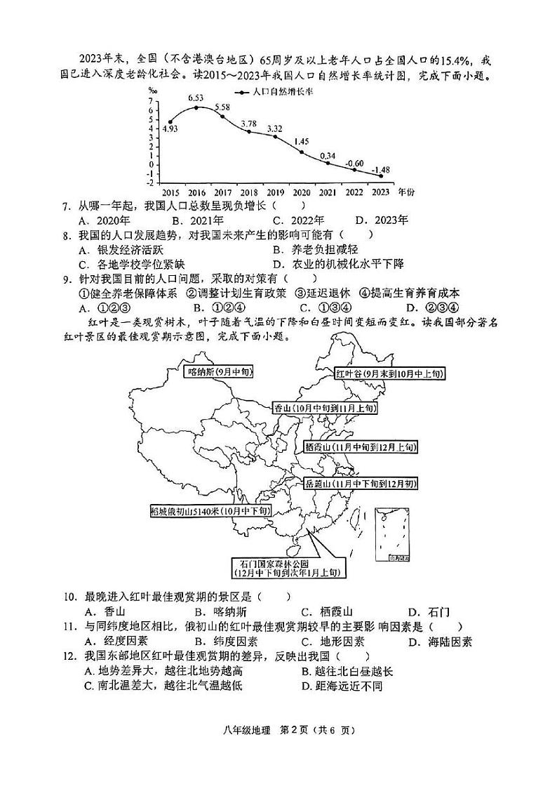 山东省枣庄市山亭区2024-2025学年八年级上学期期中检测地理试题第2页