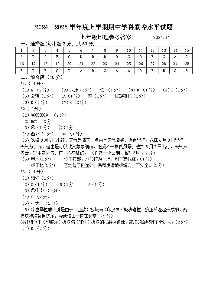 2024.11七年级地理答案第1页