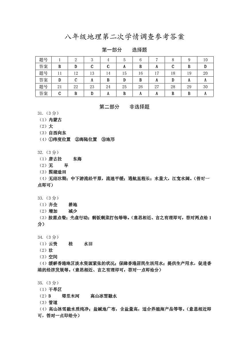 八上地理第二次學(xué)情調(diào)查參考答案第1頁