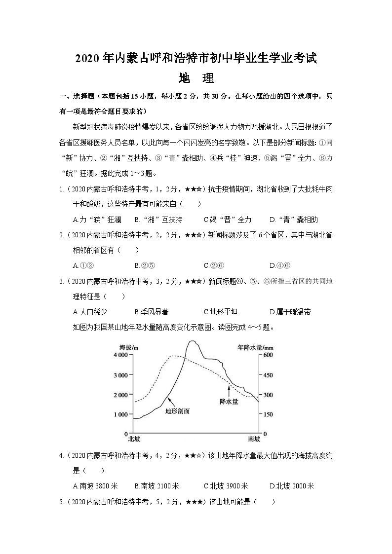 2020年内蒙古呼和浩特市初中毕业生地理学业考试真题