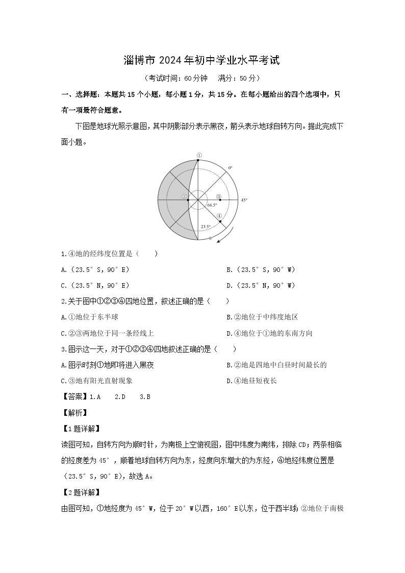 2024年山东省淄博市中考真题地理试卷(解析版)