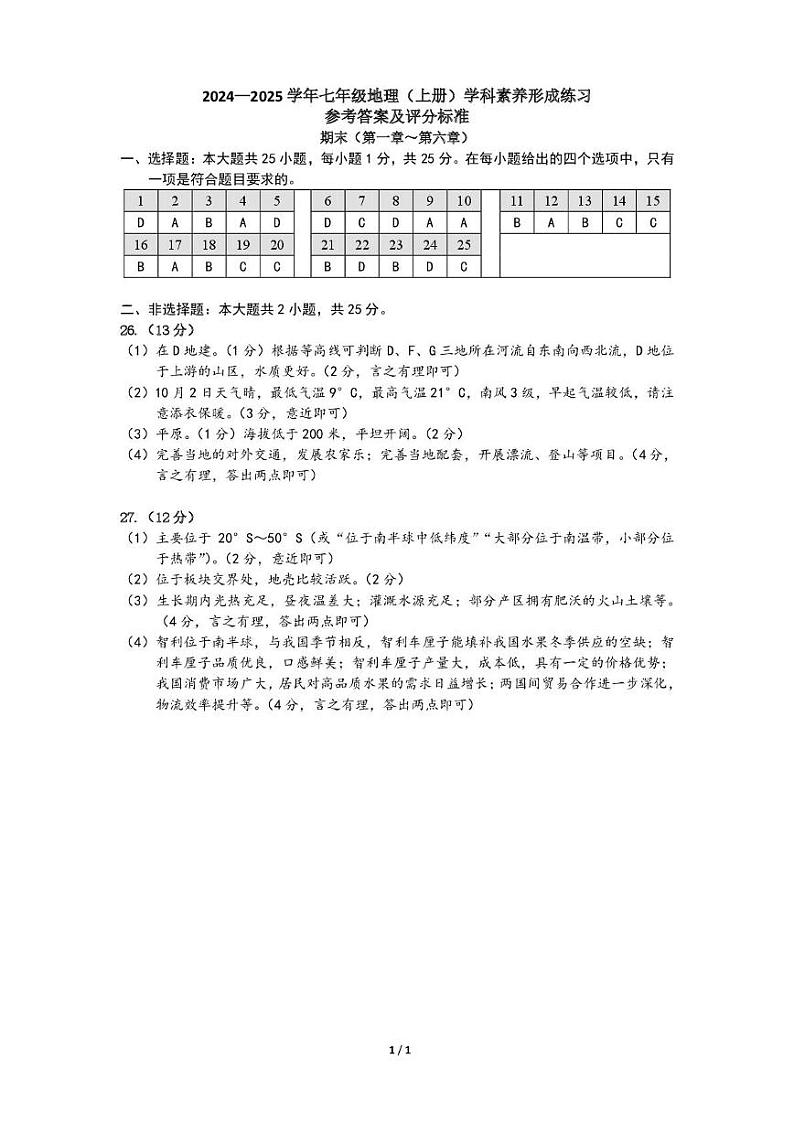 (预约)广东省深圳市龙岗区宏扬学校2025届七年级上学期期末考试地理试题 24-25学年7年级地理(上册)形成练习_期末_参考答案第1页
