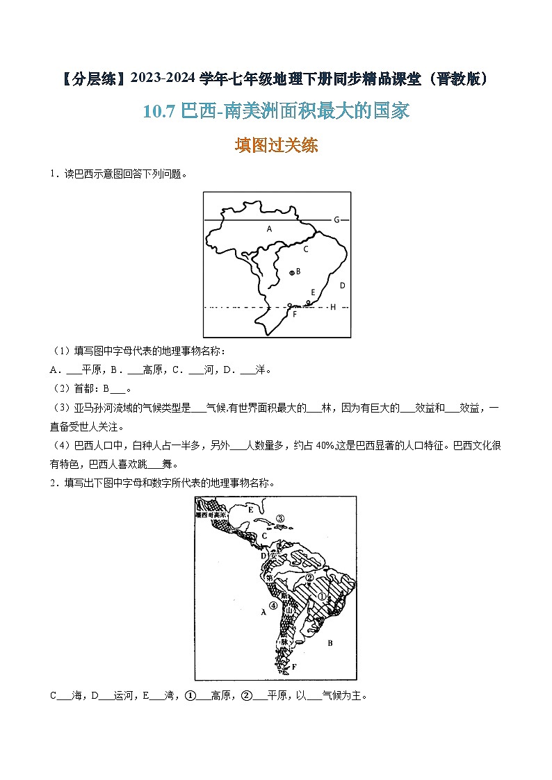 晉教版地理七年級下冊 10.7 巴西—南美洲面積最大的國家(分層練)(原卷版)第1頁