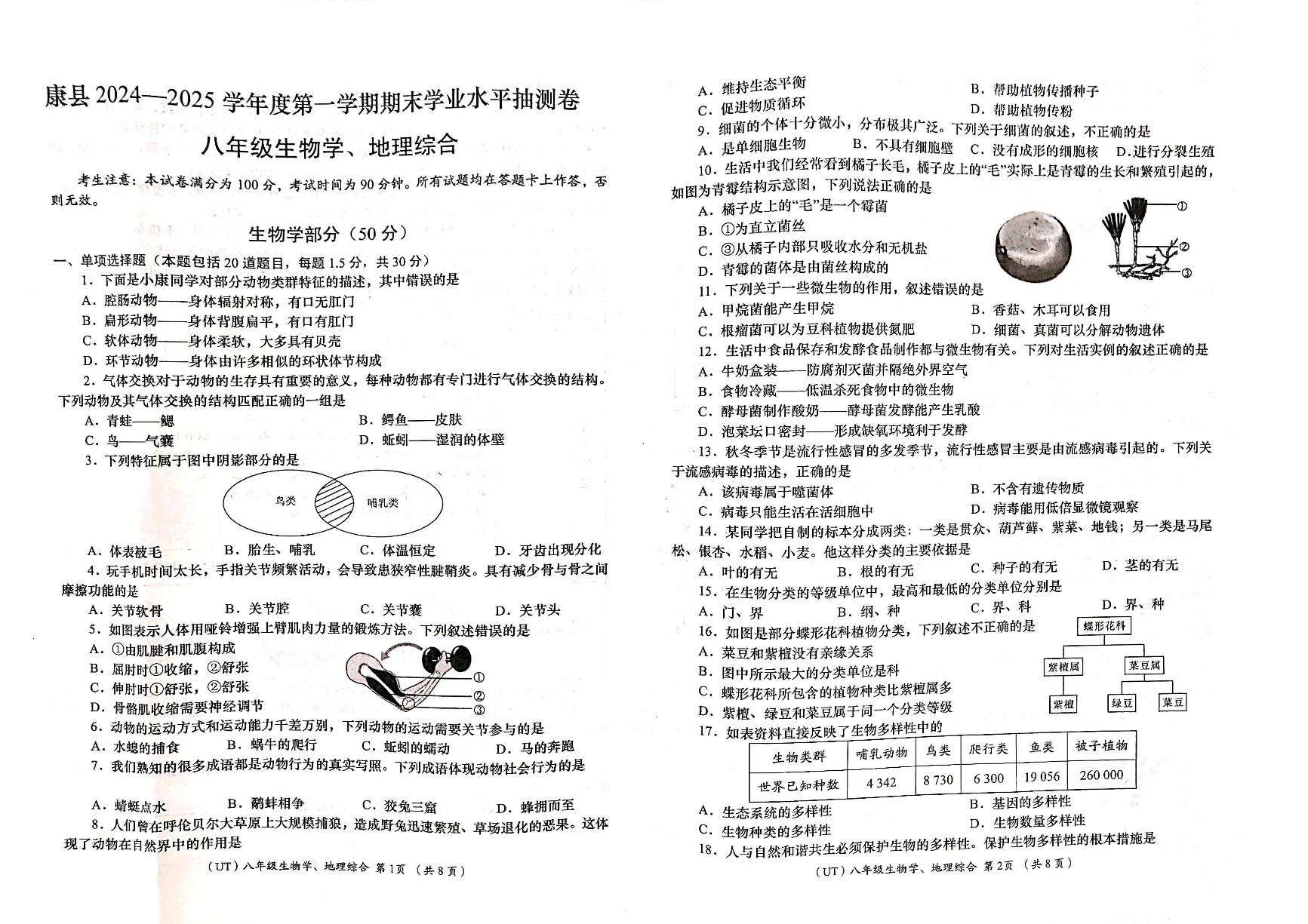 甘肃省陇南市康县2024-2025学年八年级上学期期末学业水平抽测生物、地理试卷