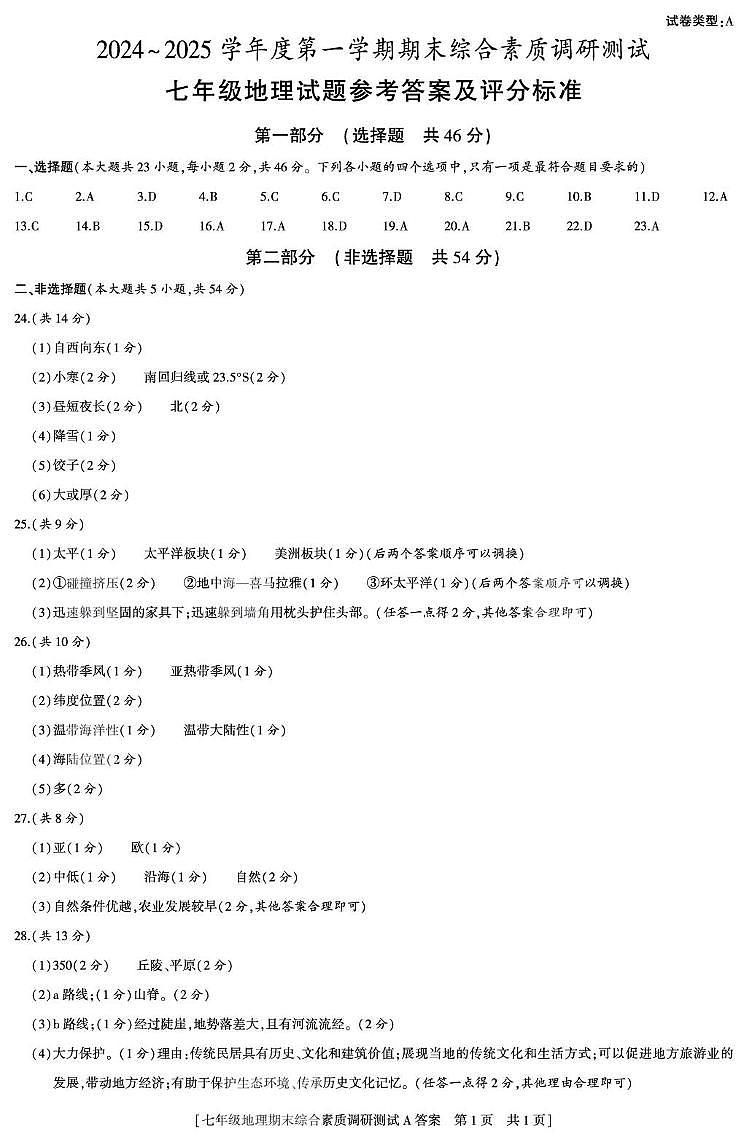 陕西省三原县2024~2025学年度七年级地理第一学期期末考试试题及答案 三原县24秋七年级地理期末综合素质调研测试A 答案 第1页