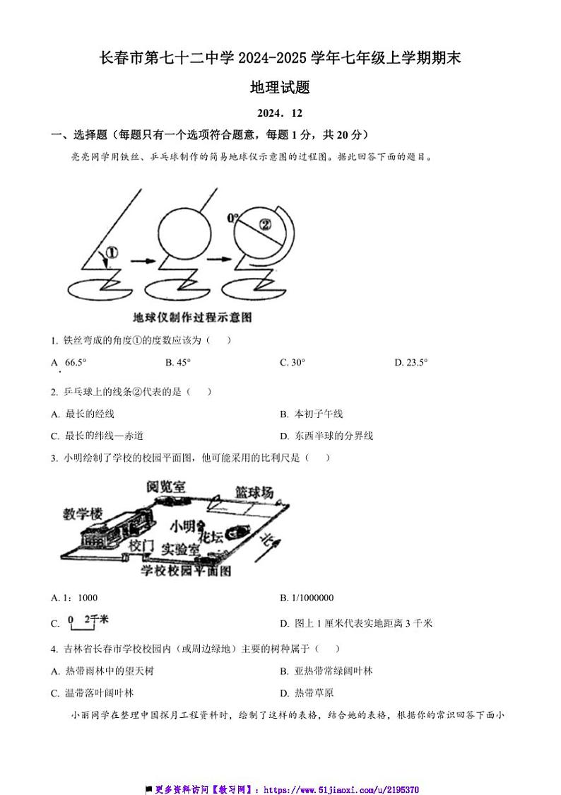 2024~2025学年吉林省长春市第七十二中学七年级上期末地理试卷(含答案)第1页