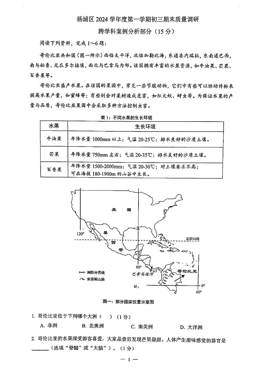 2025年上海市杨浦区初三 中考一模 跨学科综合试卷