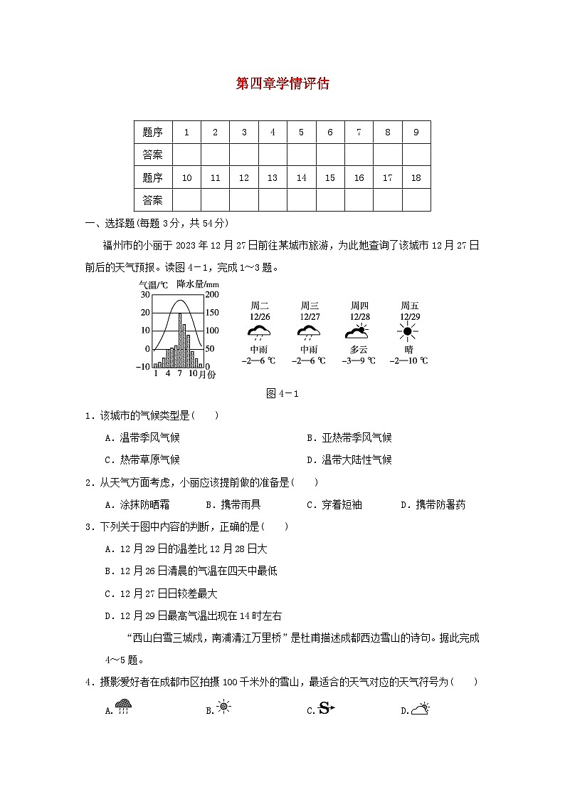 福建省2024七年级地理上册第四章天气与气候学情评估试卷(附答案人教版)第1页