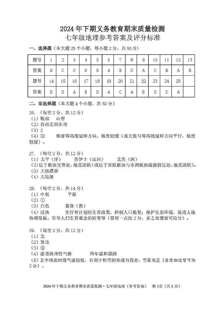 2024下七年级《地理》答案第1页