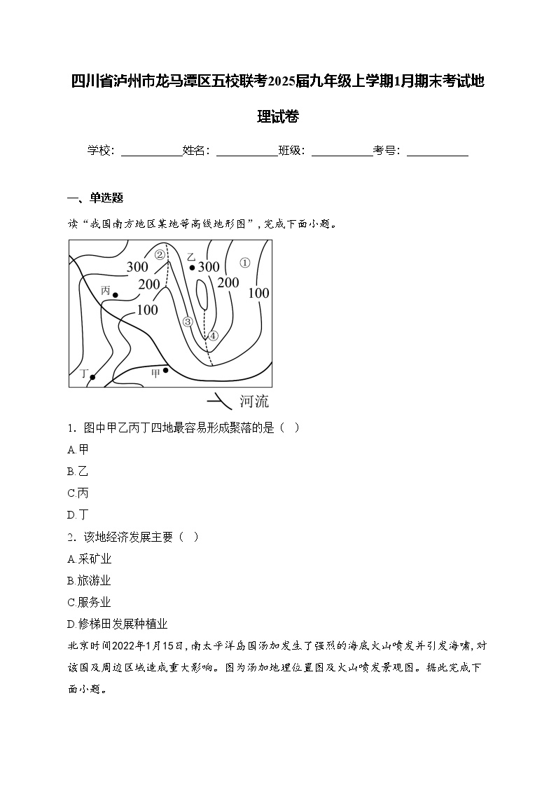 四川省泸州市龙马潭区五校联考2025届九年级上学期1月期末考试地理试卷(含答案)